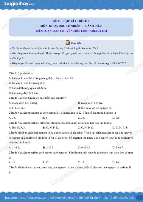 Đề thi học kì 1 KHTN 7 Cánh diều - Đề số 2